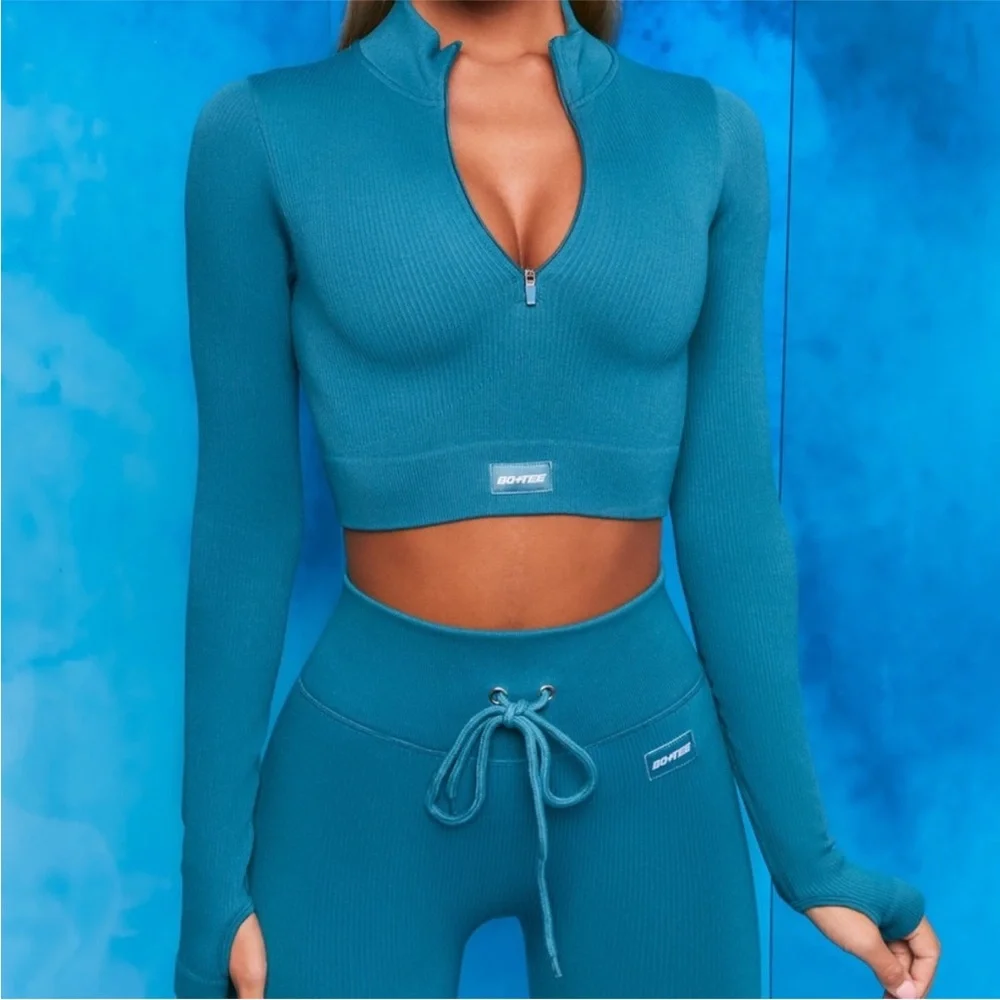 Bo + Tee Teal Endure ribbed fitness workout gym set cropped tops and leggings XS - Picture 5 of 11